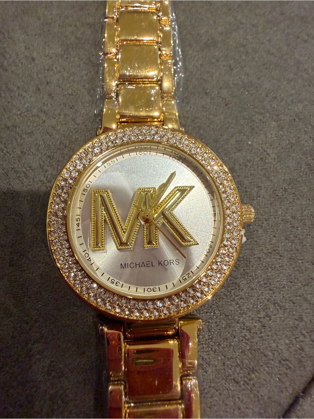 Michael Kors Gold-Tone Crystal MK Logo Bracelet Watch